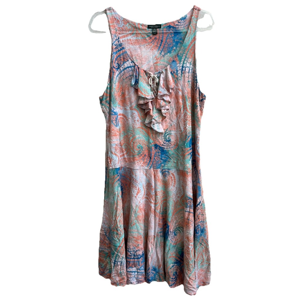 LAUREN JEANS Women's XL- Coral pink & blue sleeveless stretch fit & flare dress